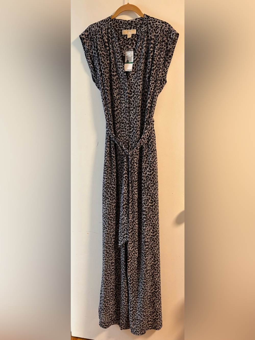 Michael Kors Sleeveless Black and Grey  Printed Jumpsuit with Tie Belt
